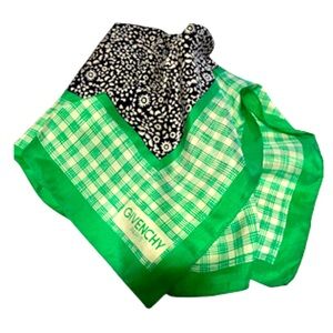 GIVENCHY 100% Silk Printed Green/White/Navy Scarf Hand Rolled 22”x22” Made Italy